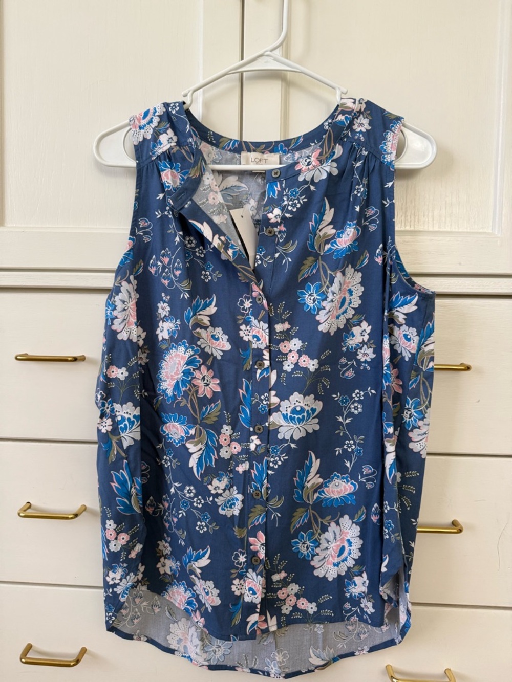 LOFT Navy Blue Floral Button-Front Sleeveless Top